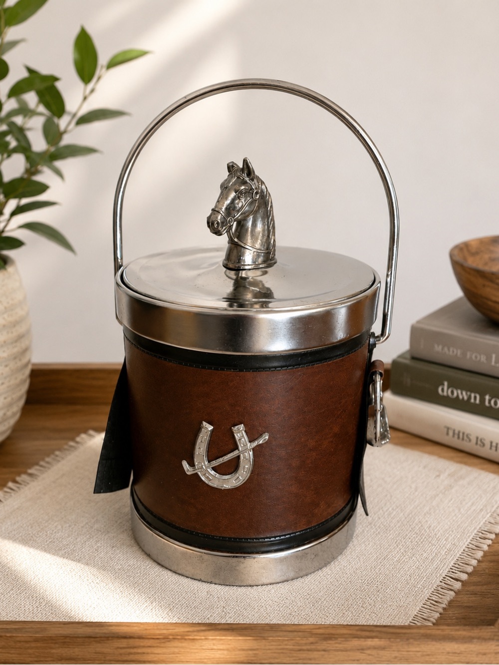 Vintage Equestrian Polo Faux Leather Ice Bucket with Horse Head Lid